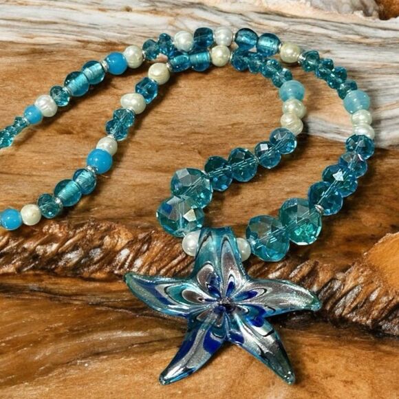 NEW Handcrafted Art Glass Murano & Crystal Beaded Pendant &Necklace 925 Sterling - Picture 1 of 6